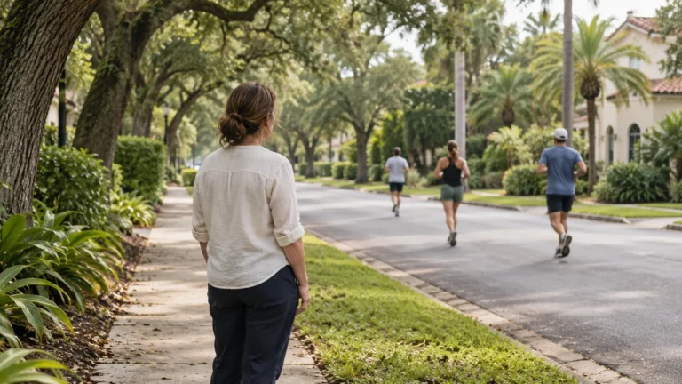 A woman watching runners from a tree-lined sidewalk.
